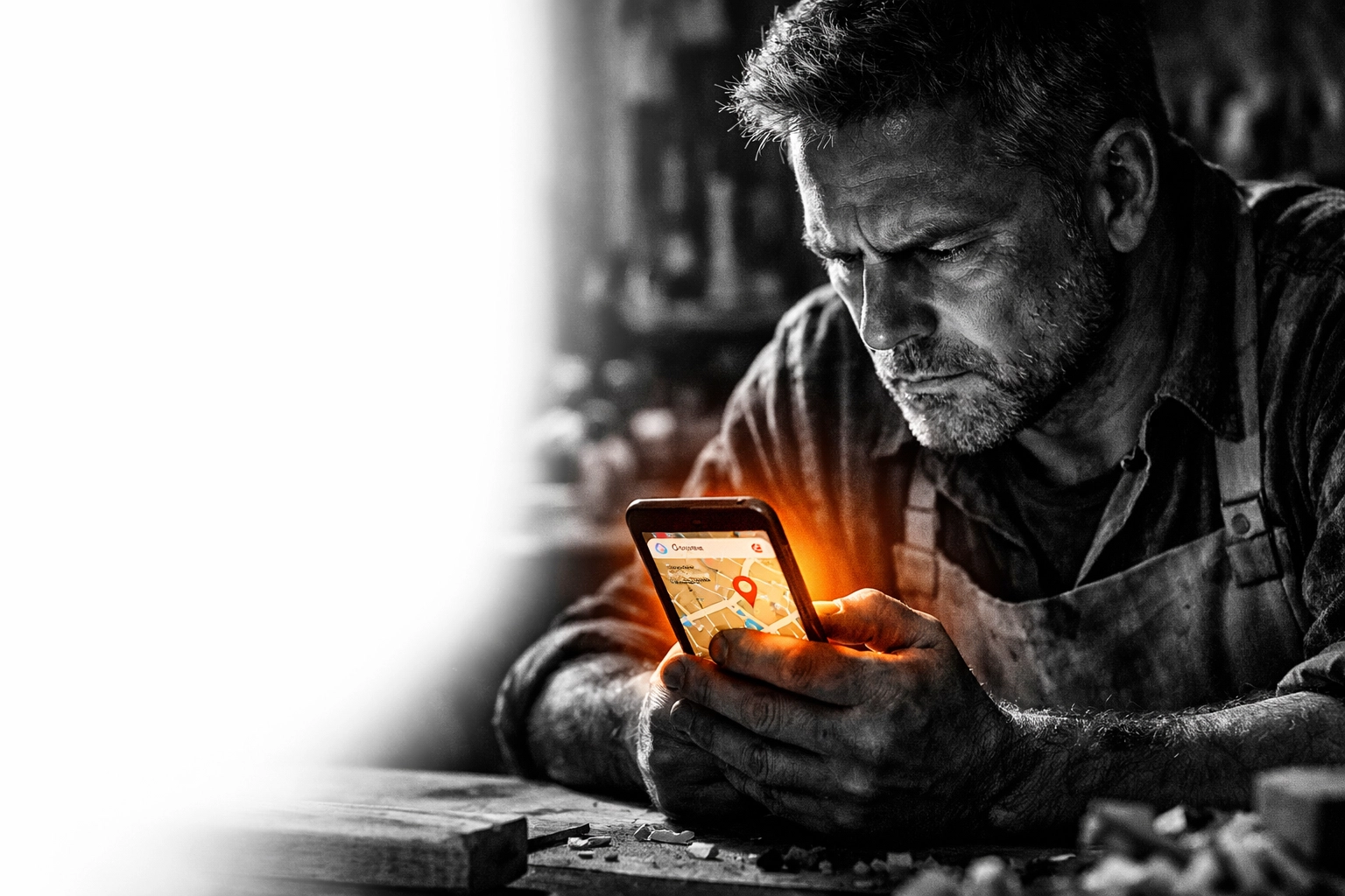 Handwerker sucht vergeblich seinen Betrieb auf Google Maps am Smartphone