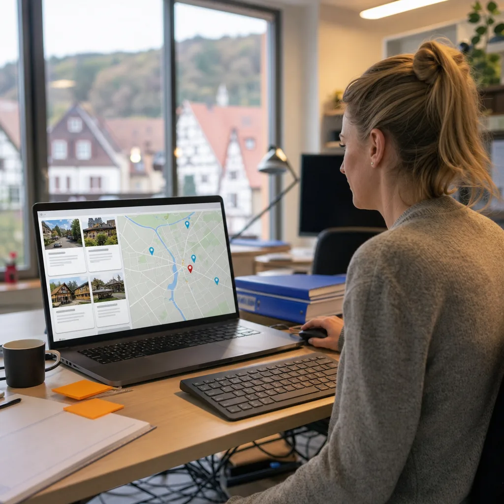 Google Unternehmensprofil-Optimierung Welzheim: Beraterin bearbeitet Karteneintrag am Laptop