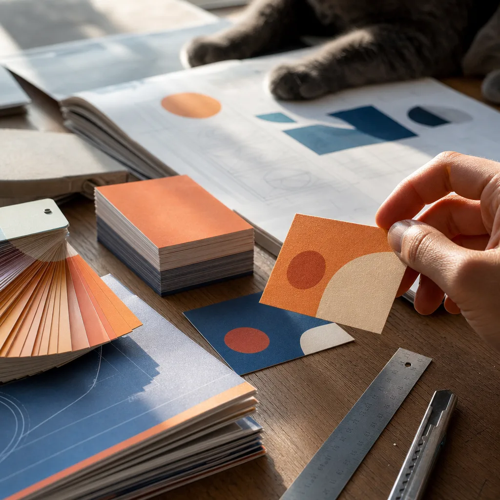 Home Visitenkarten und Farbproben auf Grafikdesign-Arbeitstisch in Welzheim