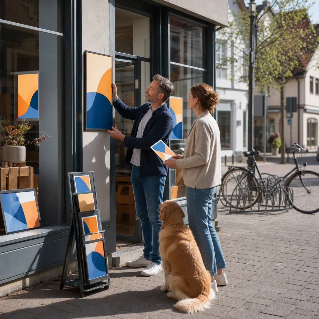Ladenlokal in Welzheim mit gestalteten Postern und Flyern im Schaufenster