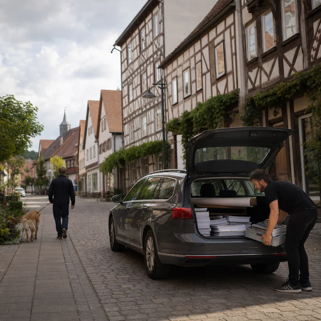 Lieferfahrzeug mit Druckmaterialien in der Welzheimer Altstadt