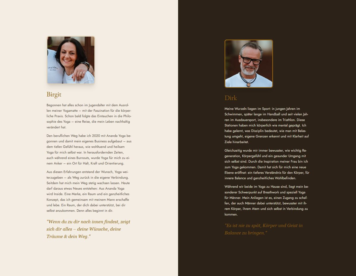 Split-Screen-Sektion mit Birgit auf hellem und Dirk auf dunklem Grund