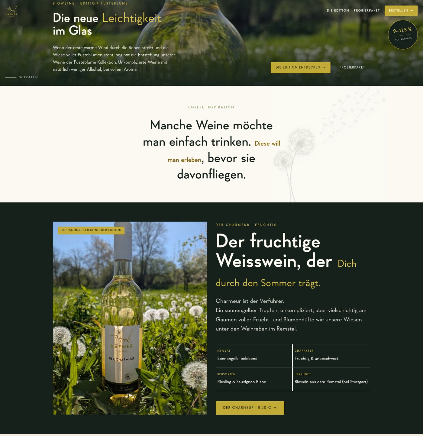 Startbereich der Landing Page „Edition Pusteblume“ mit dem Titel „Die neue Leichtigkeit im Glas“