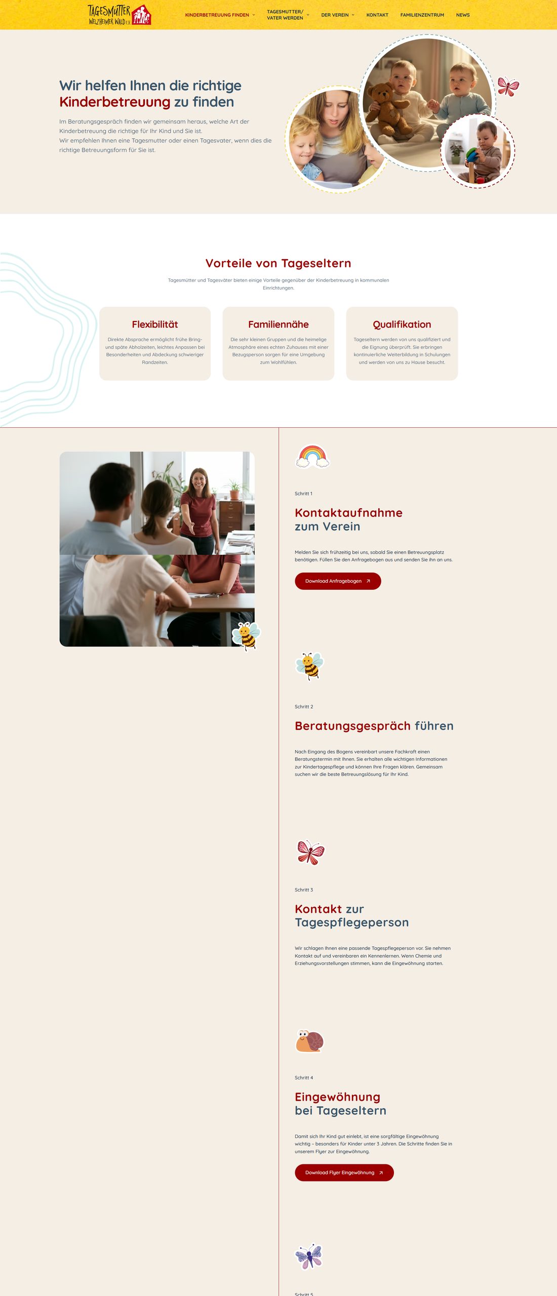 Seite „Kinderbetreuung finden“ mit den Vorteilen von Tageseltern und dem Beratungsweg in fünf Schritten
