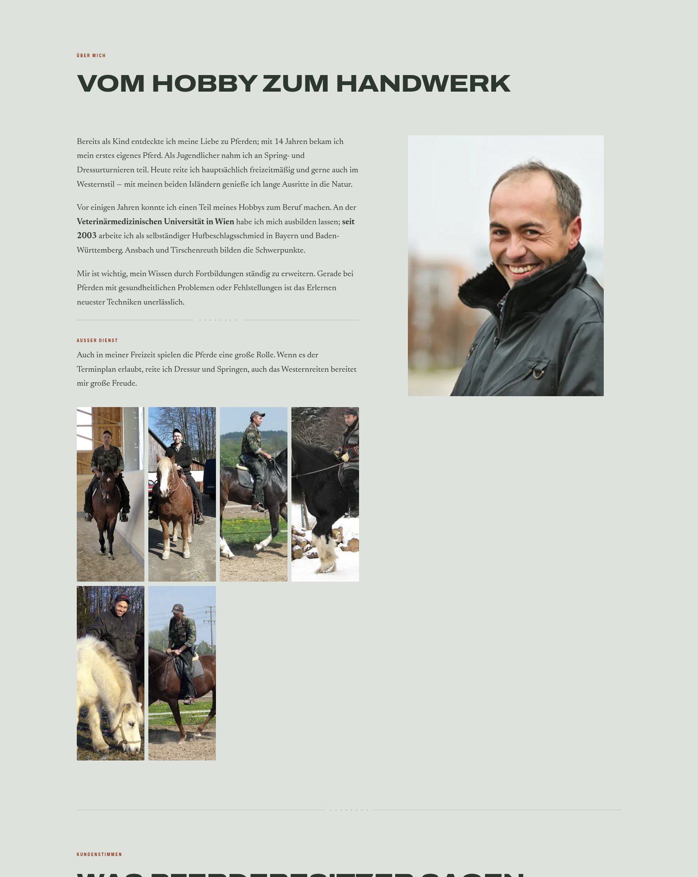 Abschnitt „Vom Hobby zum Handwerk“ mit Portrait und Bildern vom Reiten